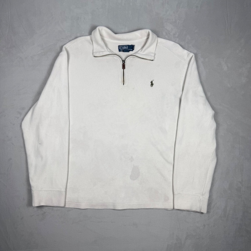 90s Mens Polo Ralph Lauren Quarter Zip Pullover Ribbed Knit Cream XL